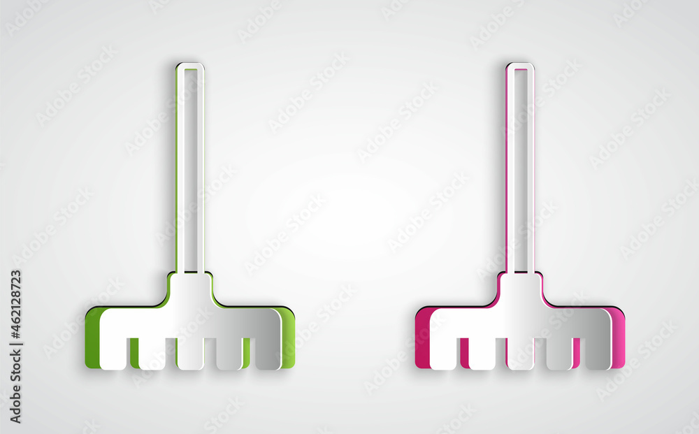 Paper cut Garden rake icon isolated on grey background. Tool for horticulture, agriculture, farming. Ground cultivator. Housekeeping equipment. Paper art style. Vector Paper cut Garden rake icon isolated on grey background. Tool for horticulture, agriculture, farming. Ground cultivator. Housekeeping equipment. Paper art style. Vector