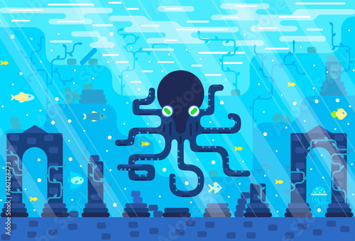 Big octopus on the seabed among the ruins of a flooded city Vector illustration in flat cartoon stile