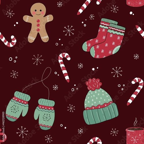 Seamless pattern with mittens, socks, gingerbread man, hat, lollipop and other elements.  The illustration is hand-drawn with vivid lines.