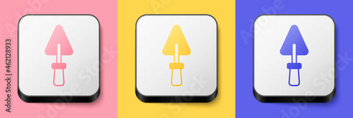 Isometric Trowel icon isolated on pink, yellow and blue background. Square button. Vector