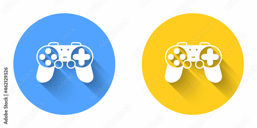 White Gamepad icon isolated with long shadow background. Game controller. Circle button. Vector White Gamepad icon isolated with long shadow background. Game controller. Circle button. Vector