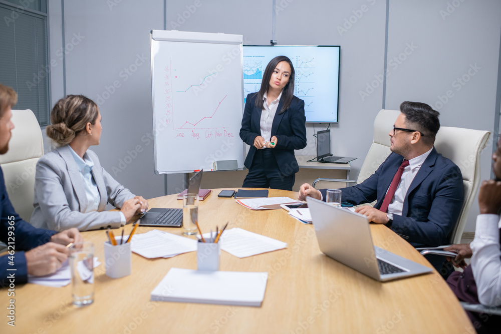 Young female broker standing by whiteboard with graph during presentation of financial increase Young female broker standing by whiteboard with graph during presentation of financial increase