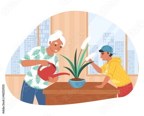 Grandson helping his grandmother with housework, flat vector illustration. Grandparent grandchild relationships