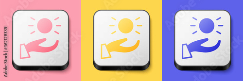 Isometric Ball levitating above hand icon isolated on pink, yellow and blue background. Levitation symbol. Square button. Vector