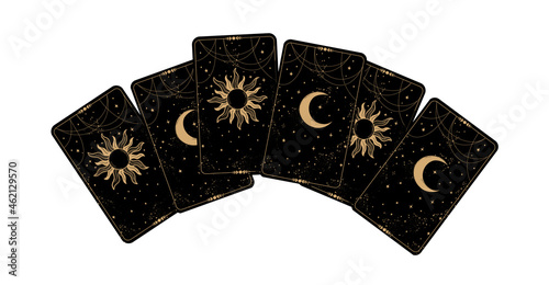 Tarot cards icon top view. Black cards face down with the moon and the sun. Drawing for fortune telling, astrology, witches. Vector illustration isolated on white background.