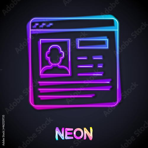Glowing neon line Resume icon isolated on black background. CV application. Searching professional staff. Analyzing personnel resume. Vector