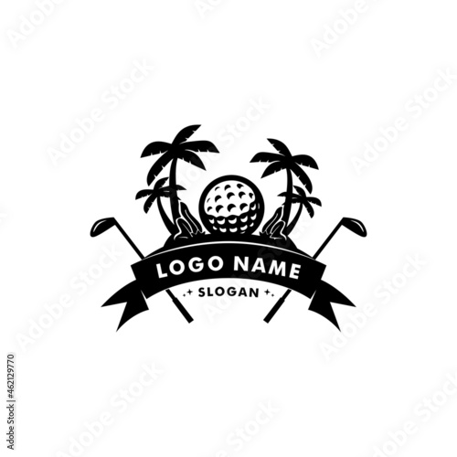 Golf holiday logo vector. Golf island with golf ball, palm tree and stick beater illustration. Icon for golfer club & community favorite spot place, sport & hobby activity, happy vacation training 
