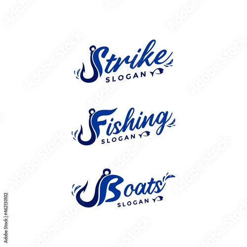 Hook combine typography lettering logo vector for fishing club & community, fish hunting equipment shop & store brand, sailing boat & ship tools supllier business company. Fishhook sign symbol