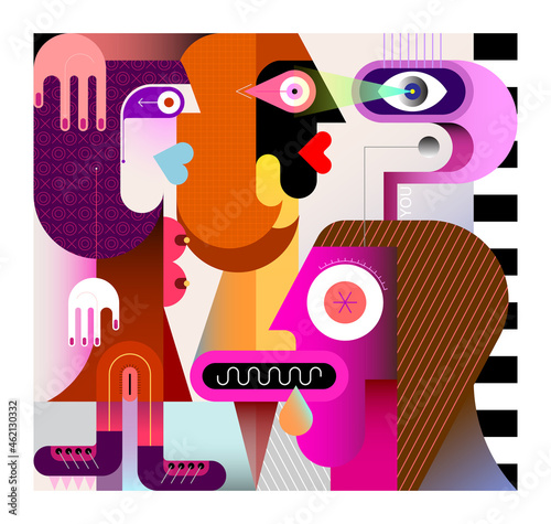 Desire. A man lustfully looks at two beautiful sexy women. Modern art vector illustration.