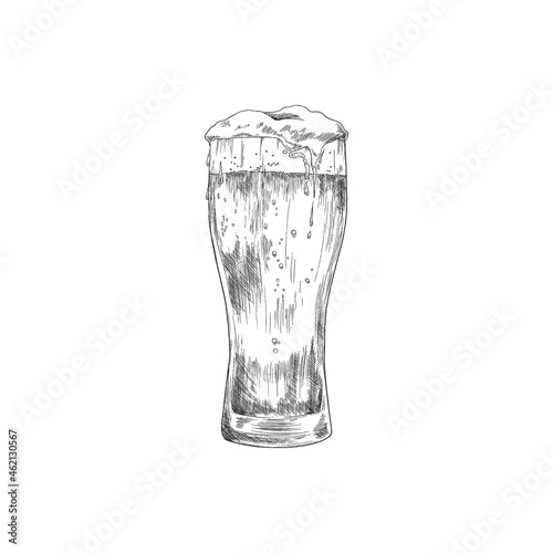 Tall glass of frothing beer vintage engraving vector illustration isolated.