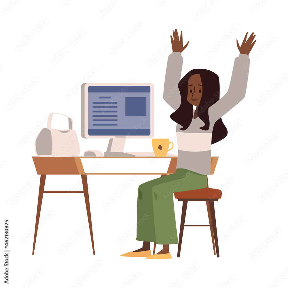 Woman having sports break during work in office, flat vector illustration isolated on white background.