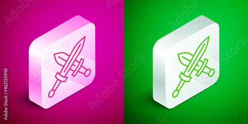 Isometric line Crossed medieval sword icon isolated on pink and green background. Medieval weapon. Silver square button. Vector