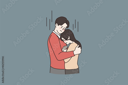 Young man hug caress support unhappy woman girlfriend show love and care. Supportive male embrace comfort sad girl feeling distressed depressed. Couple relationship goal. Flat vector illustration.