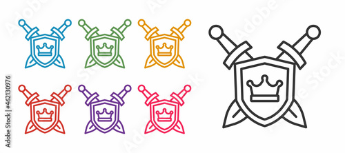 Set line Medieval shield with crossed swords icon isolated on white background. Set icons colorful. Vector