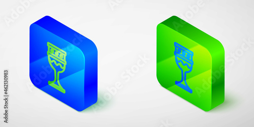 Isometric line Medieval goblet icon isolated grey background. Holy grail. Blue and green square button. Vector