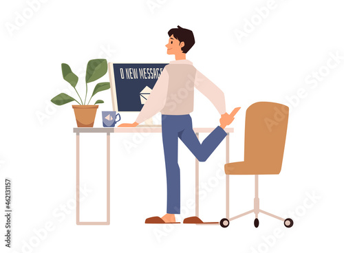 Office or freelance worker does sport exercise flat vector illustration isolated.