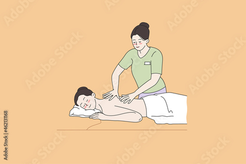 Happy woman on table get massage in professional beauty salon. Calm naked girl client customer have body care or treatment in spa. Cosmetic industry, relaxation concept. Flat vector illustration. 