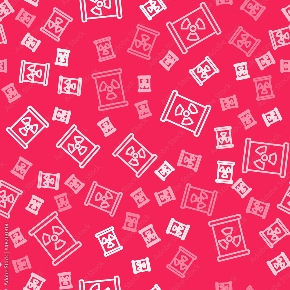 White line Radioactive waste in barrel icon isolated seamless pattern on red background. Toxic refuse keg. Radioactive garbage emissions, environmental pollution. Vector White line Radioactive waste in barrel icon isolated seamless pattern on red background. Toxic refuse keg. Radioactive garbage emissions, environmental pollution. Vector