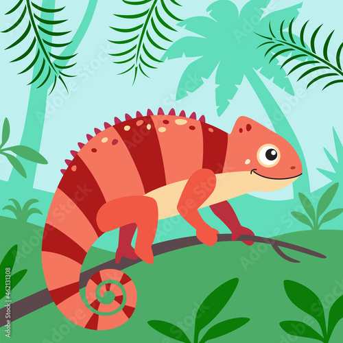 Chameleon lizard on jungle background, vector square illustration of indian chameleon in rainforest