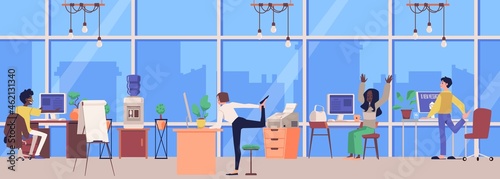 Office with people interrupting work on sports break, flat vector illustration.