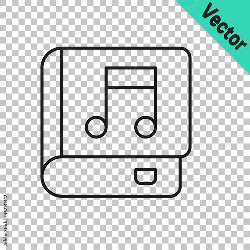 Black line Audio book icon isolated on transparent background. Musical note with book. Audio guide sign. Online learning concept. Vector