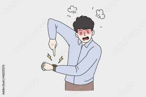 Angry man point at hand watch notify about missed deadline. Mad furious businessman show time on clock note being late for work. Job delay, time management. Flat vector illustration, pop art. 