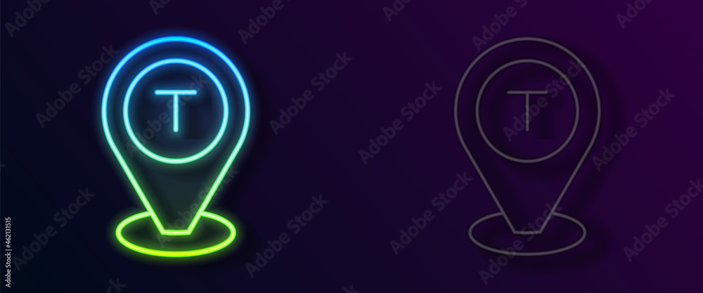 Glowing neon line Map pointer with taxi car icon isolated on black background. Location symbol. Vector