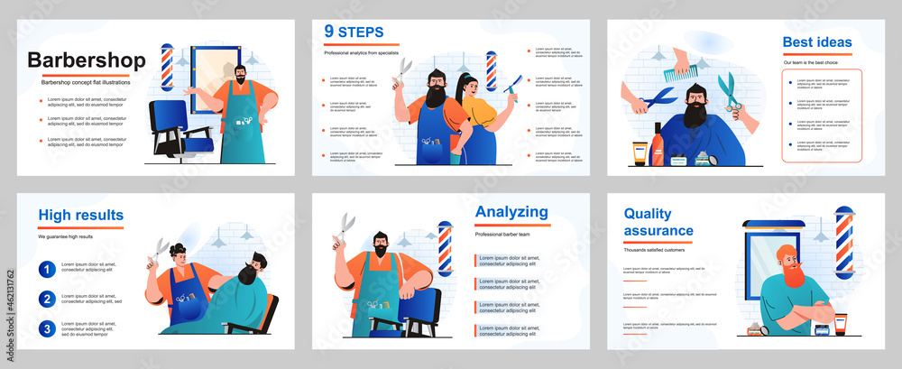 Barbershop concept for presentation slide template. Hairdresser makes haircuts and shaves beards of clients, professional hair care service in male salon. Vector illustration for layout design