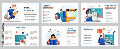 Back to school concept for presentation slide template. Pupils go to lessons, schoolgirls and schoolboys study. Students learning, receive education at college. Vector illustration for layout design