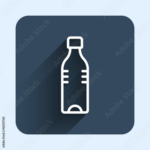 White line Bottle of water icon isolated with long shadow background. Soda aqua drink sign. Blue square button. Vector
