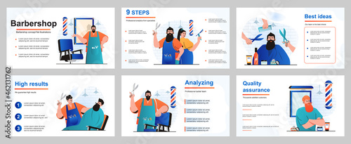 Barbershop concept for presentation slide template. Hairdresser makes haircuts and shaves beards of clients, professional hair care service in male salon. Vector illustration for layout design