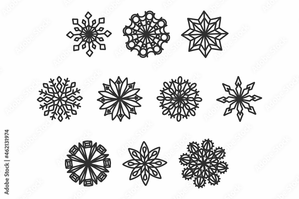 set of winter snowflakes, christmas snowfall design for holiday greetings and print packaging and card