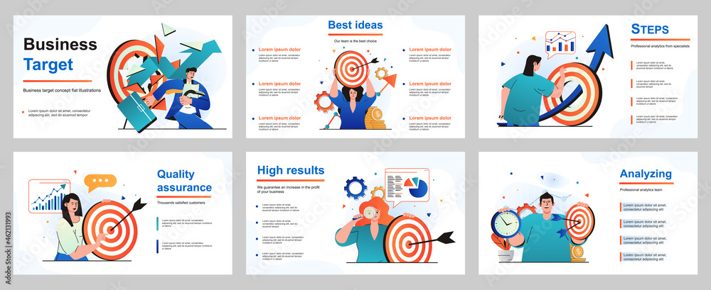 Business target concept for presentation slide template. Businessman and businesswoman achieve goals, successful company, development strategy, leadership. Vector illustration for layout design Business target concept for presentation slide template. Businessman and businesswoman achieve goals, successful company, development strategy, leadership. Vector illustration for layout design