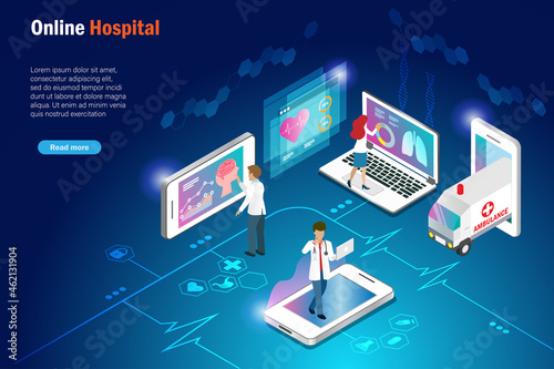 Online hospital, medical and healthcare service on smart phone application. Virtual hospital, online doctor consultation using data analysis technology diagnose patient health problem. 3D isometric.