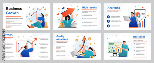 Business growth concept for presentation slide template. Businessman and businesswoman analyze financial data, develop successful strategy, work management. Vector illustration for layout design