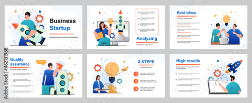 Business startup concept for presentation slide template. Businessman and businesswoman create and launch new projects, development, innovation and investment. Vector illustration for layout design