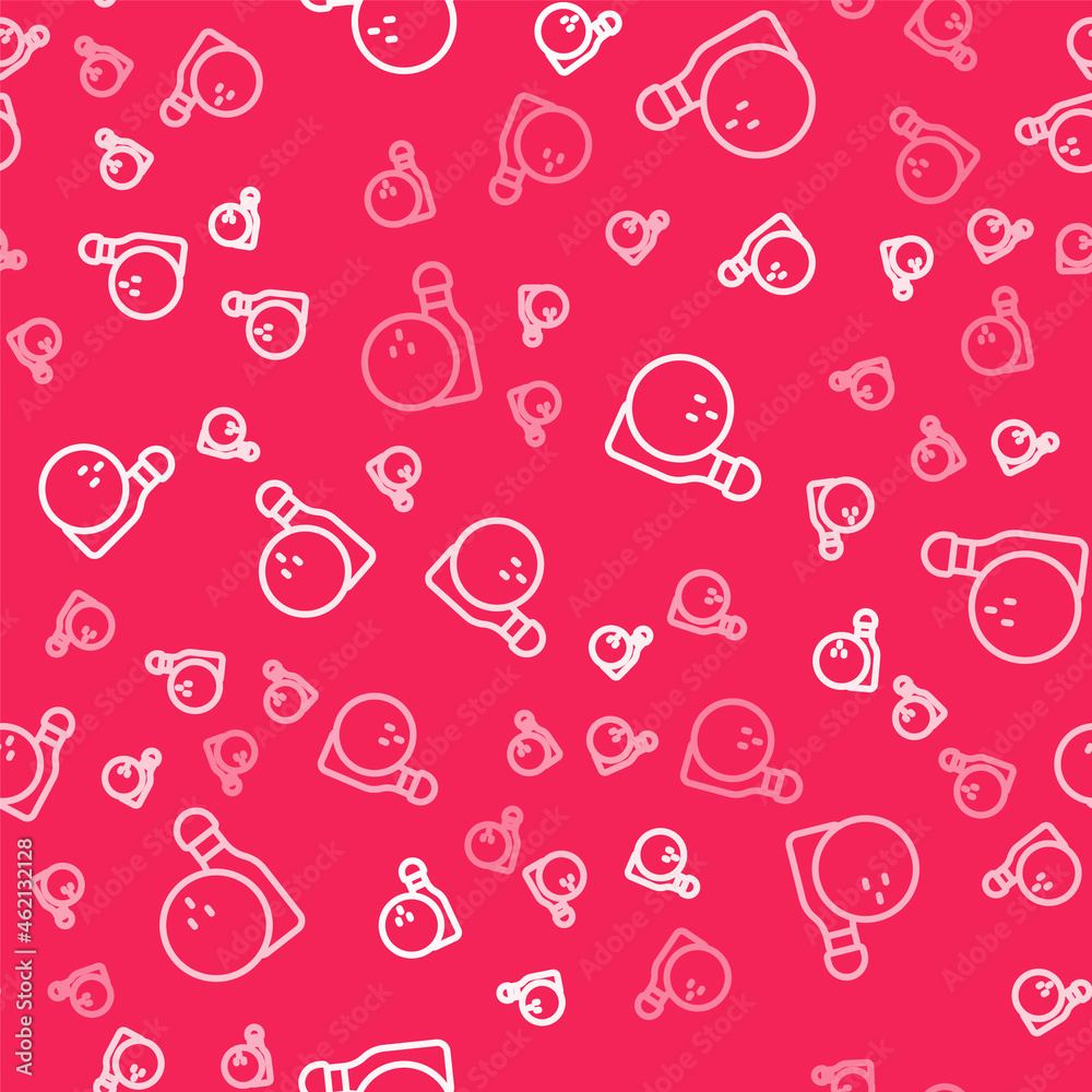White line Bowling pin and ball icon isolated seamless pattern on red background. Sport equipment. Vector White line Bowling pin and ball icon isolated seamless pattern on red background. Sport equipment. Vector