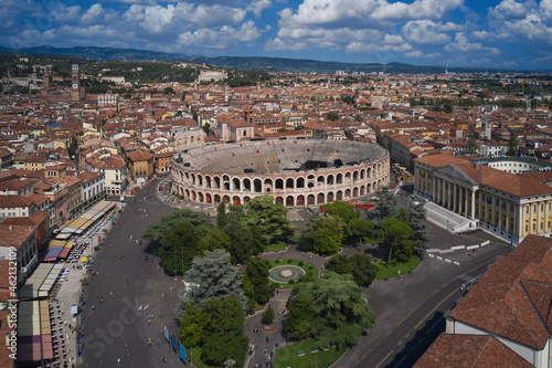 Verona, Italy aerial view of the historic city. Aerial panorama of the famous Piazza Bra in Verona. Monument to Unesco Arena di Verona in Italy top view. Famous Italian amphitheater aerial view.