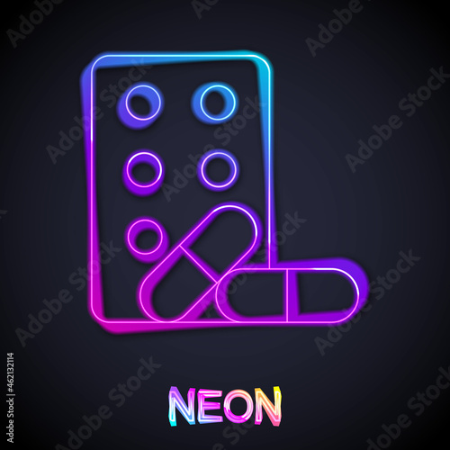 Glowing neon line Sports doping, anabolic drugs with dumbbell icon isolated on black background. Anabolic steroids tablet. Pills in jar. Vector