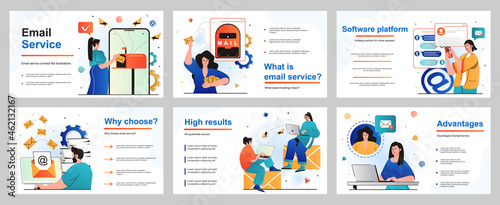 Email service concept for presentation slide template. People sending and receiving letters, advertising or newsletter mails. Online correspondence applications. Vector illustration for layout design