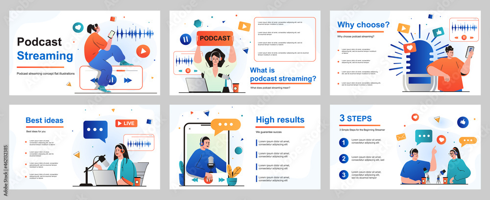 Podcast streaming concept for presentation slide template. People with headphones talking in microphone at live radio show. Listeners enjoying online broadcast. Vector illustration for layout design