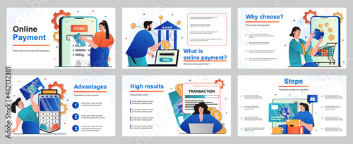 Online payment concept for presentation slide template. People paying for purchases with credit card, conducts financial transaction, using online banking app. Vector illustration for layout design