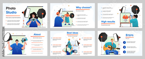Photo studio concept for presentation slide template. People work as photographers, do photo shoots in professional studio with special lighting and equipment. Vector illustration for layout design
