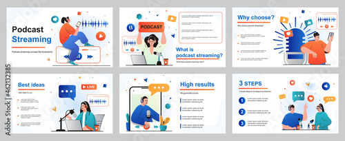 Podcast streaming concept for presentation slide template. People with headphones talking in microphone at live radio show. Listeners enjoying online broadcast. Vector illustration for layout design