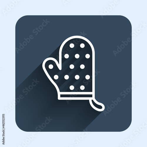 White line Oven glove icon isolated with long shadow background. Kitchen potholder sign. Cooking glove. Blue square button. Vector
