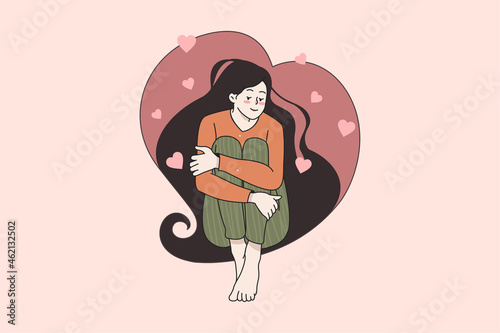 Happy girl sit in heart shaped hair image, flat vector illustrations. Smiling woman feel calm and balanced. Self love and care. Mental health, healing concept. Psychology therapy, positive thinking. 
