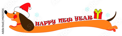 holiday banner, drawn funny dachshund in a New Year's red hat carries on his back a gift in a box with a bow on a white background with blue snowflakes, vector illustration
