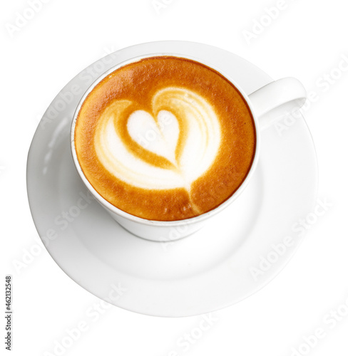 hot latte in ceramic cup on white background