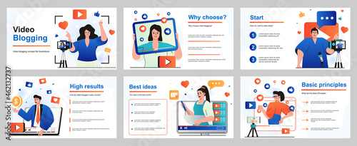 Video blogging concept for presentation slide template. People creating videos on different topics. Bloggers are recording content or streaming live at channels. Vector illustration for layout design