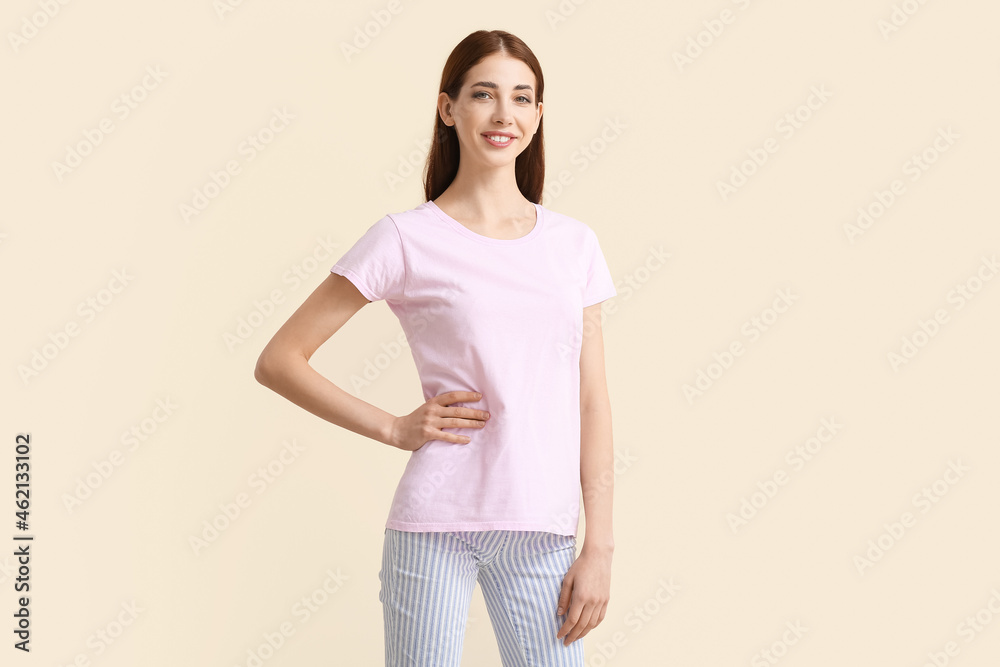 Young woman in modern t-shirt on color background Young woman in modern t-shirt on color background